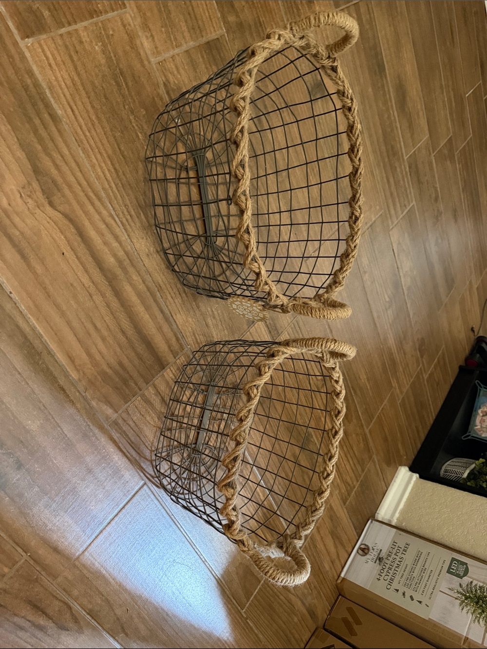 Woven Rope-Trim Metal Storage Basket - Brown and Natural